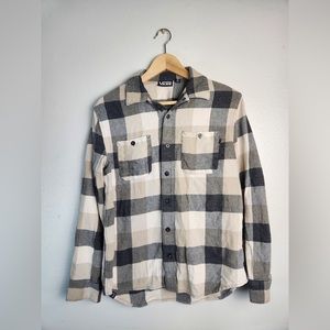 VANS Mens Size Small Flannel Button Shirt Gray Grey Black White Tan